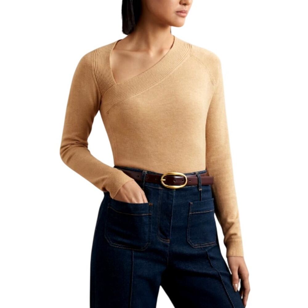 Reiss Women's Camel Long Sleeves Wool Blend Zoie Asymmetric Knit Top Size S